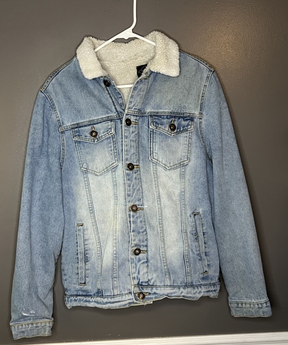 Track 23 Men's Size Small Fleece Lined Sherpa Distressed Denim Blue Jean Coat